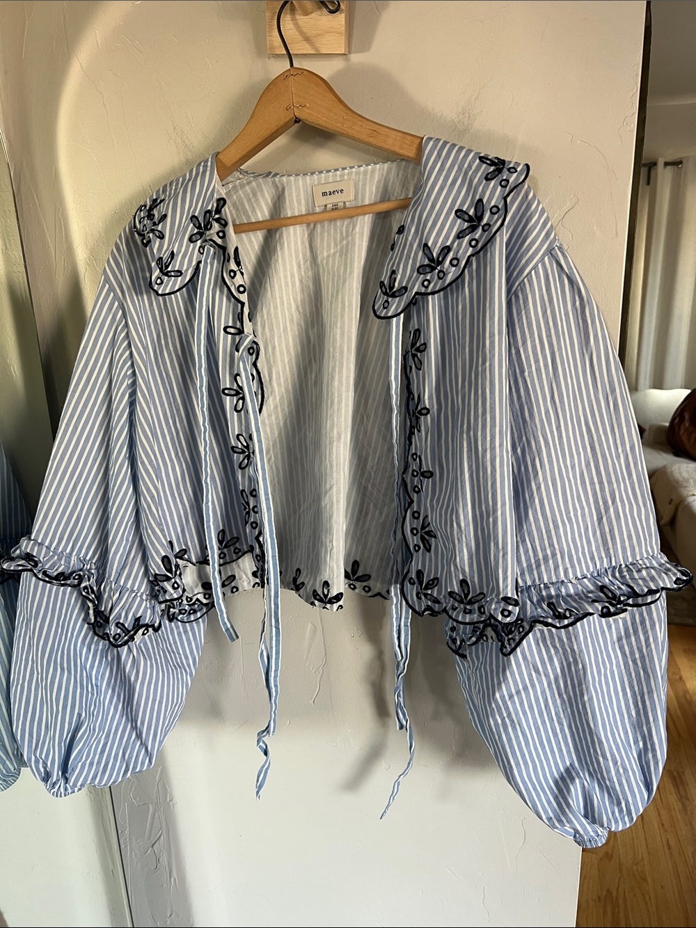 Maeve by Anthropologie Blue Stripe Embroidered Peasant Blouse - Picture 3 of 6